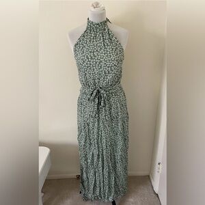 Temofon Women Maxi Dress M Green High Neck Floral Summer Cottagecore Bohemian